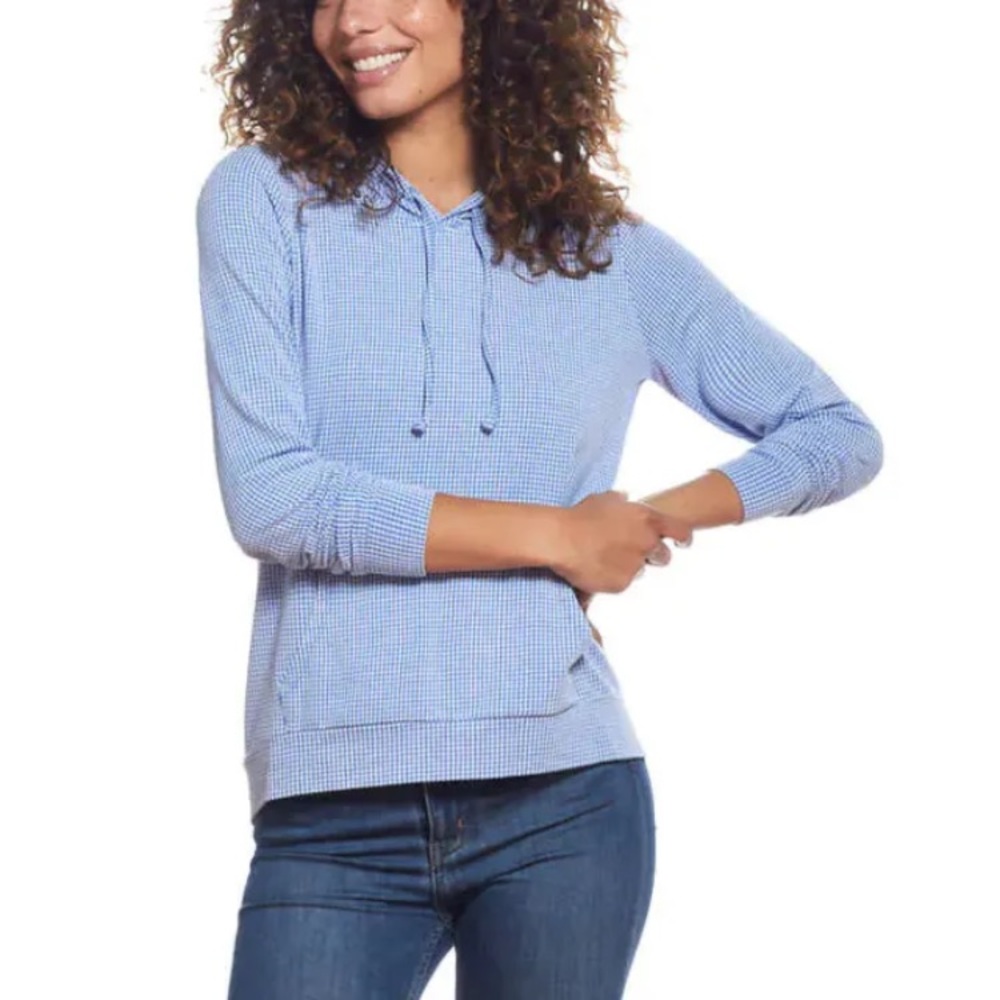 Weatherproof Vintage Womens Hoodie Gingham Long Sleeve blue and white